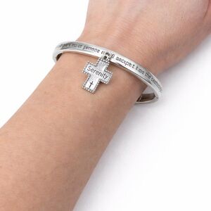 Serenity Prayer Cross Charm Stretch Bracelet Silver Tone Faith Inspirational